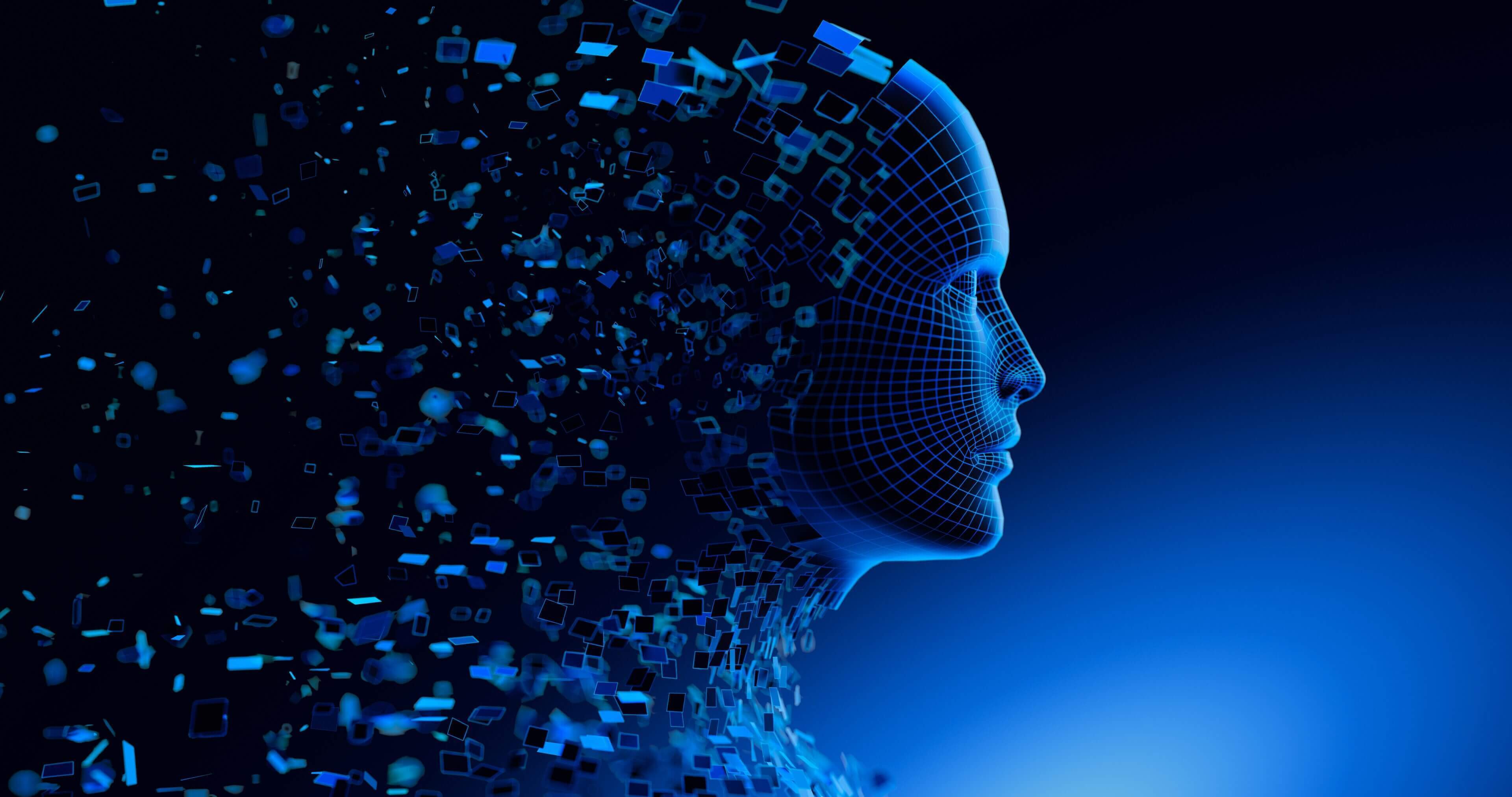 Digital face merging with data particles.