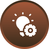 Light bulb and gear icon on brown background.