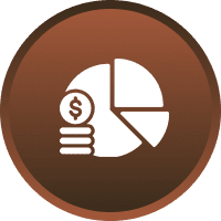 Pie chart and coins icon on brown.