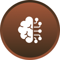 Half brain, half circuit icon on brown background.